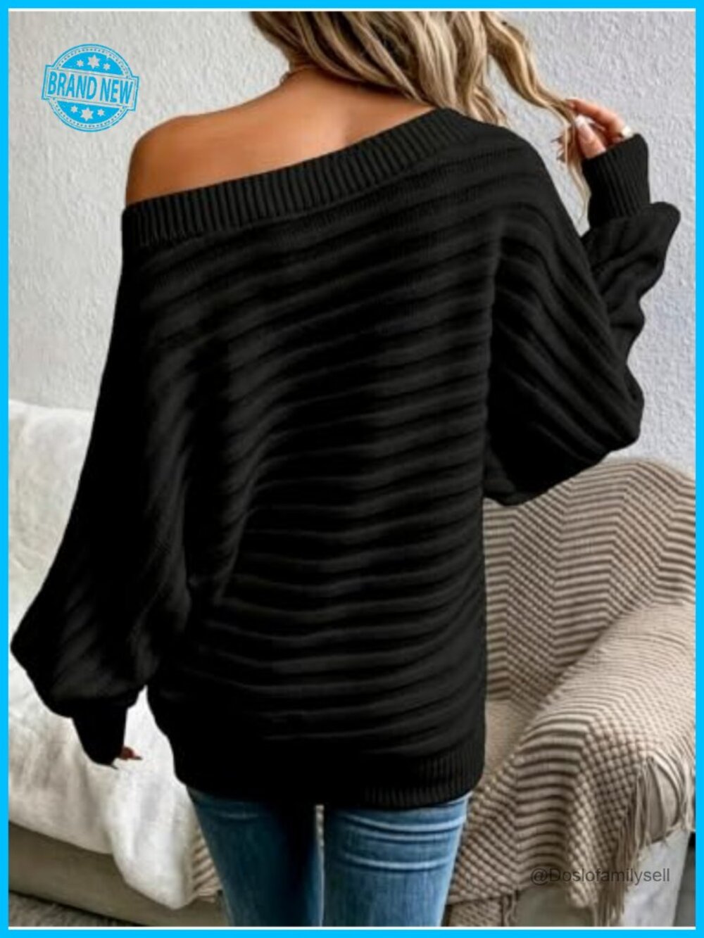 Off-Shoulder Oversized Ribbed Knit Pullover Sweater - Picture 4 of 5